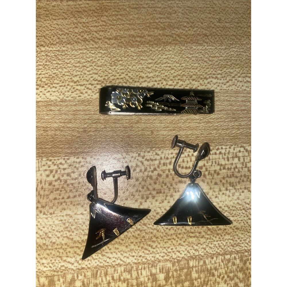 Vintage Chinese Inlay Screwback Earrings, Tie Clip Matching